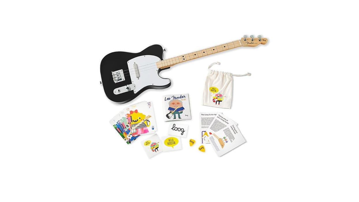 Fender Loog Telecaster 3-String Electric Guitar for Kids, Beginner Guitar, Includes Chord Flash Cards, Learning App, Educational Booklet, Picks, and Stickers, Black