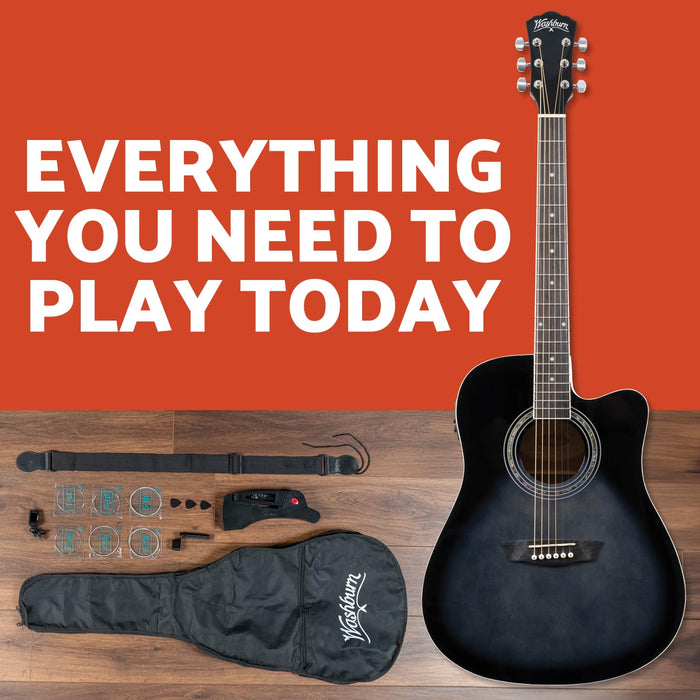 Washburn WA90CE Acoustic-Electric Guitar Kit – Dreadnought Cutaway, Built-In Tuner, Okoume Body – Perfect Holiday Gift for Adults, Beginners, Musicians & Live Performance