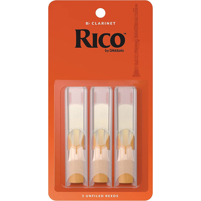 Rico by D'Addario Bb Clarinet Reeds - Reeds for Clarinet - Thinner Vamp Cut & Unfiled for Ease of Play, Traditional Blank for Clear Sound - Clarinet Reeds 3 Strength, 3-Pack