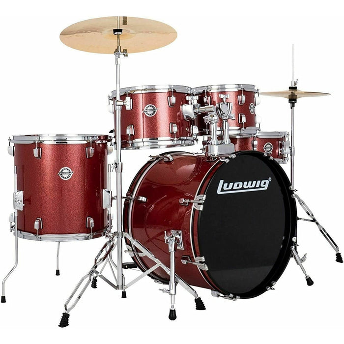 Ludwig Accent 5-piece Complete Drum Set with 22 inch Bass Drum and Wuhan Cymbals - Red Sparkle