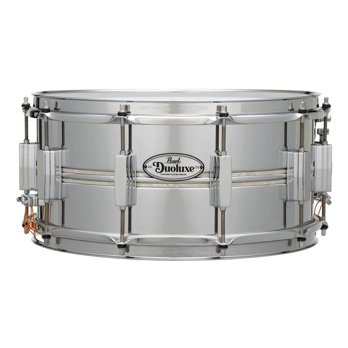 Pearl DuoLuxe 14"x6.5" Chrome-over-Brass Inlaid Snare Drum with twin Nicotine White Marine Pearl Inlays and Classic BSL Lugs (DUX1450BR405)