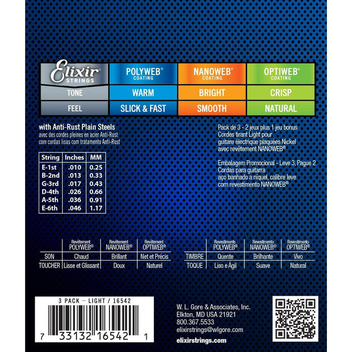 Elixir Strings 16542 Electric Guitar Strings with NANOWEB Coating, 3 Pack, Light (.010-.046)