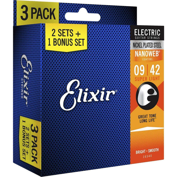 Elixir Strings 16540 Electric Guitar Strings with NANOWEB Coating, 3 Pack, Super Light (.009-.042)