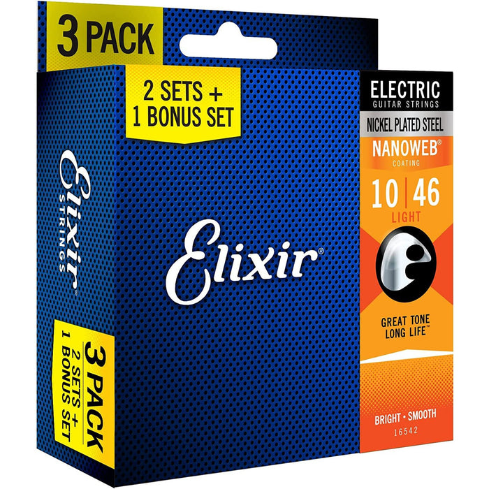 Elixir Strings 16542 Electric Guitar Strings with NANOWEB Coating, 3 Pack, Light (.010-.046)