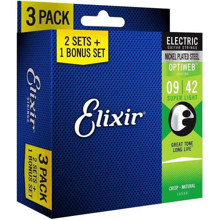 Elixir Strings 16550 Guitar Strings with OPTIWEB Coating, 3 Pack, Super Light (.009-.042)