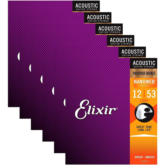 Elixir 16052 Acoustic Phosphor Bronze Nano Light 12-53 (6 Pack Bundle)