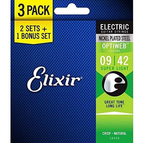 Elixir Strings 16550 Guitar Strings with OPTIWEB Coating, 3 Pack, Super Light (.009-.042)