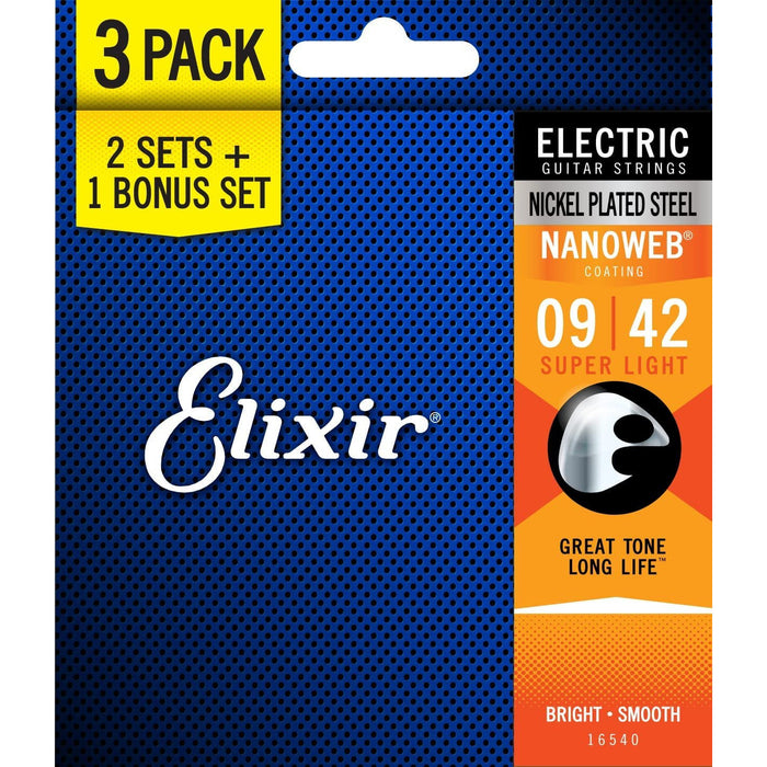 Elixir Strings 16540 Electric Guitar Strings with NANOWEB Coating, 3 Pack, Super Light (.009-.042)