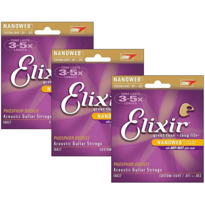 Elixir 16027 Nanoweb Custom Light Phosphor Bronze Acoustic Strings 11-52 (3-pack)