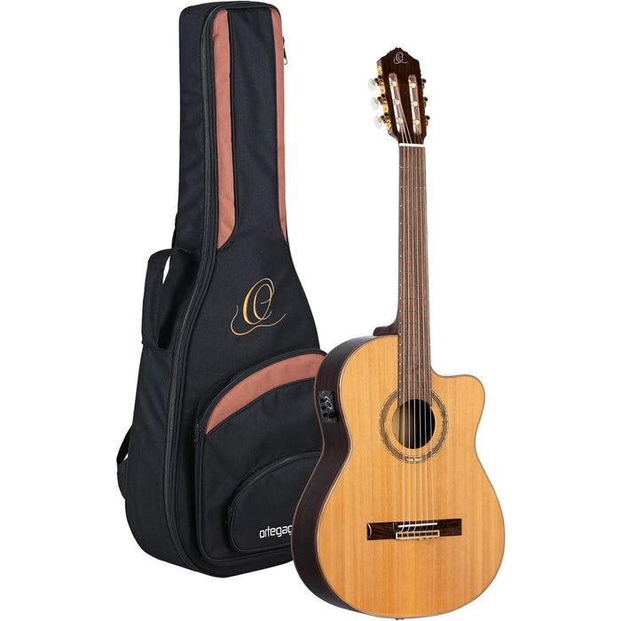 Ortega Guitars 6 String Performer Series Solid Top Slim Neck Acoustic-Electric Nylon Classical Guitar w/Bag, Right (RCE159MN)