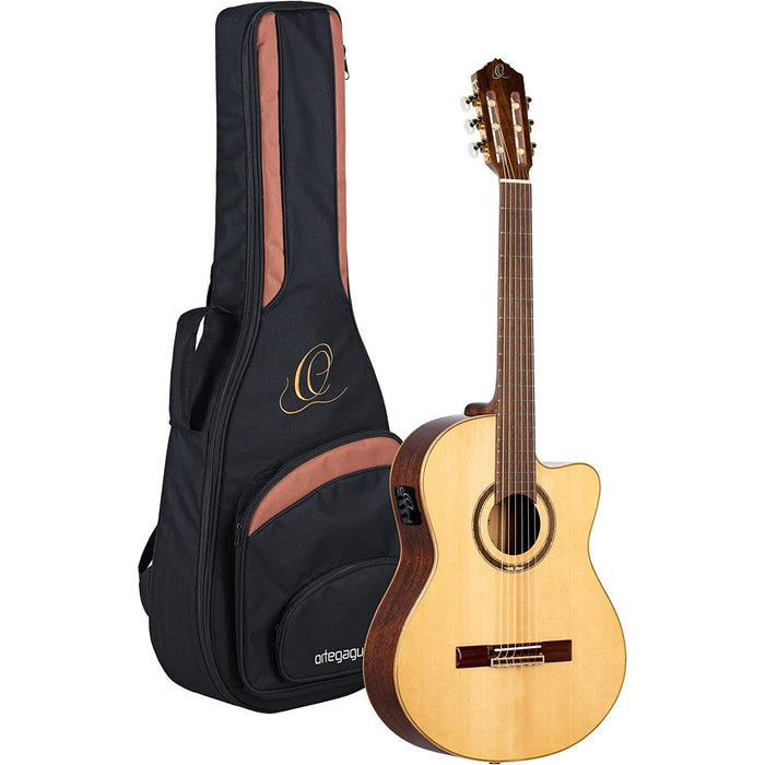 Ortega Guitars 6 String Performer Series Solid Top Slim Neck Acoustic-Electric Nylon Classical Guitar w/Bag, Right (RCE138SN)