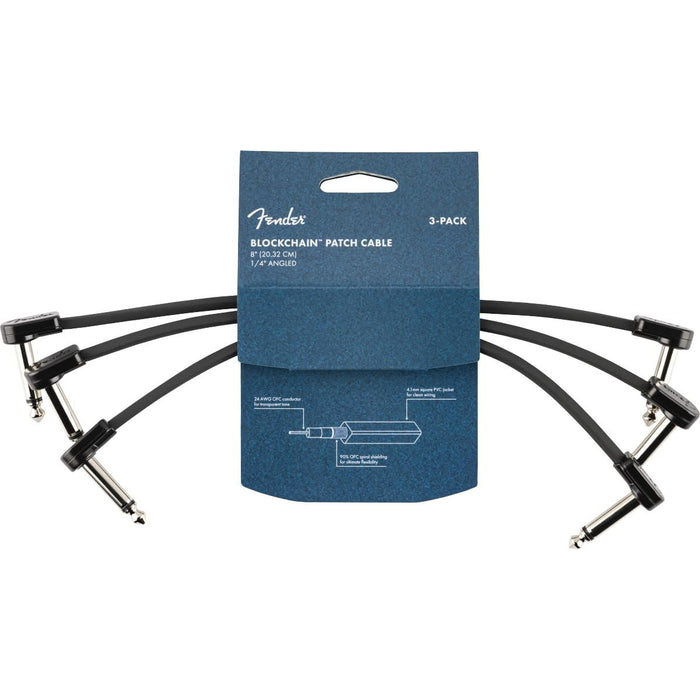 Fender Blockchain 8" Cable, Guitar Cable, Guitar Accessories, 3-Pack, Angle/Angle