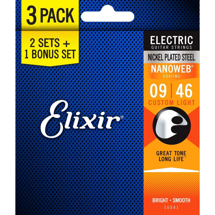 Elixir Strings 16541 Nickel Plated Steel Electric Guitar Strings with Nanoweb Coating, Set of 3 Pieces