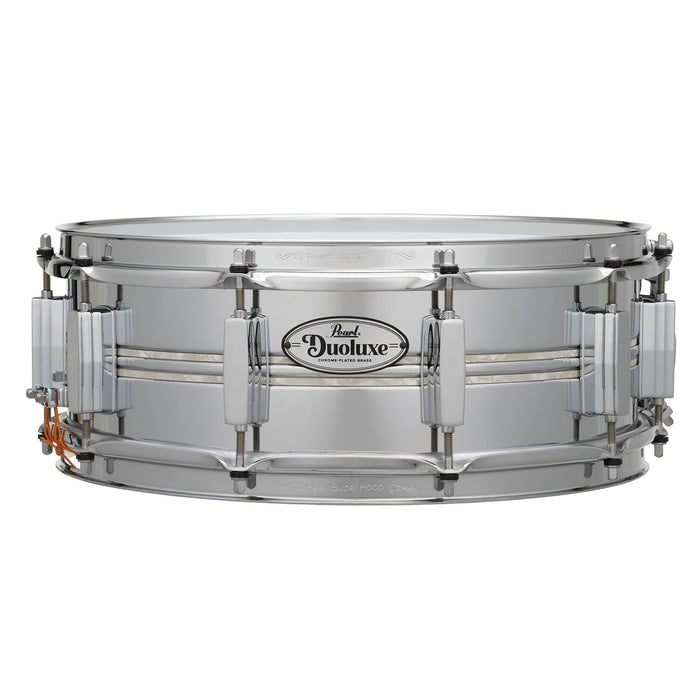 Pearl DuoLuxe 14"x5" Chrome-over-Brass Inlaid Snare Drum (DUX1450BR405) with twin Nicotine White Marine Pearl finish Inlays and Classic BSL Lugs.