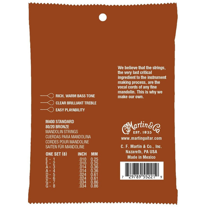 Martin Guitar Mandolin Strings M400, 80/20 Bronze, Standard-Gauge Mandolin Strings