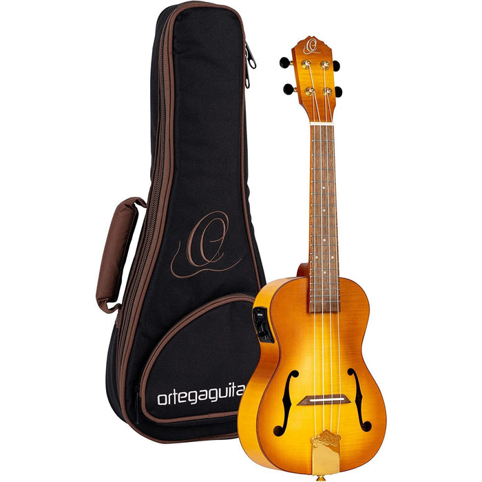 Ortega Guitars, 1-String Custom Built Series F-Hole Arched Top Concert Acoustic-Electric Ukulele w/Bag, Right (RUSL-HSB)