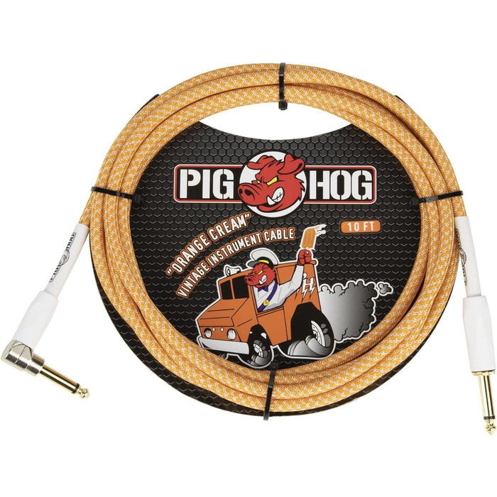 Pig Hog Orange Creme 2.0 Guitar Bass Cable, 10ft - Straight-Right Angle (PCH102OCR )