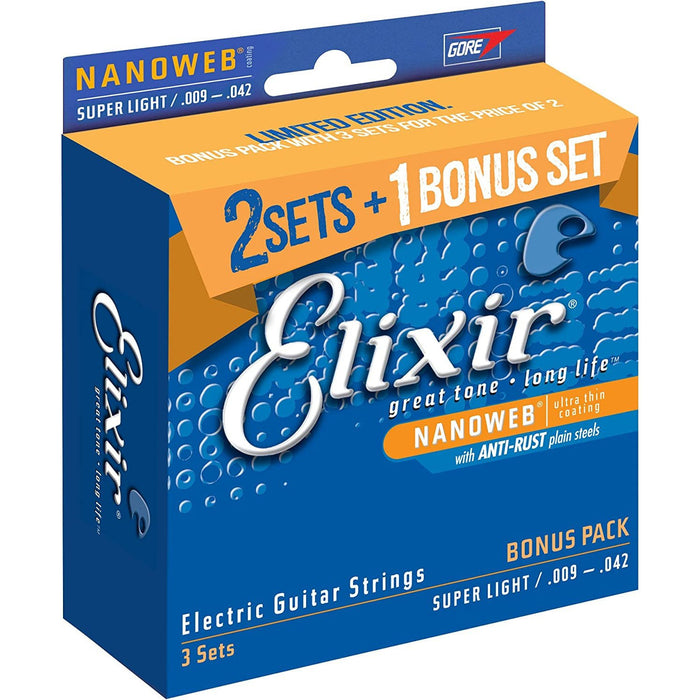 Elixir Strings 16540 Electric Guitar Strings with NANOWEB Coating, 3 Pack, Super Light (.009-.042)