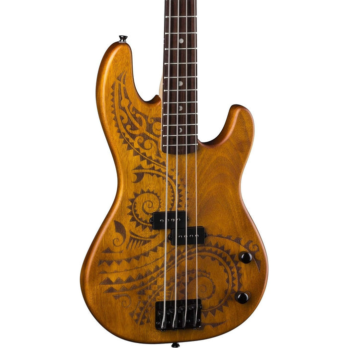 Luna Tattoo 34" Long Scale Electric Bass Guitar, Satin Natural