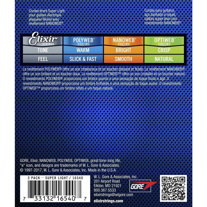 Elixir Strings 16540 Electric Guitar Strings with NANOWEB Coating, 3 Pack, Super Light (.009-.042)