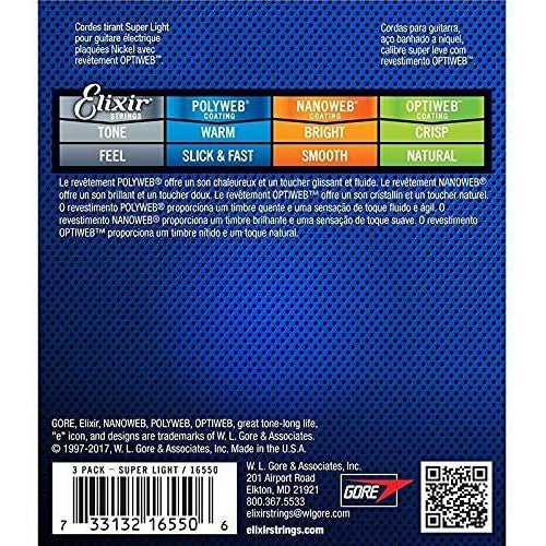 Elixir Strings 16550 Guitar Strings with OPTIWEB Coating, 3 Pack, Super Light (.009-.042)