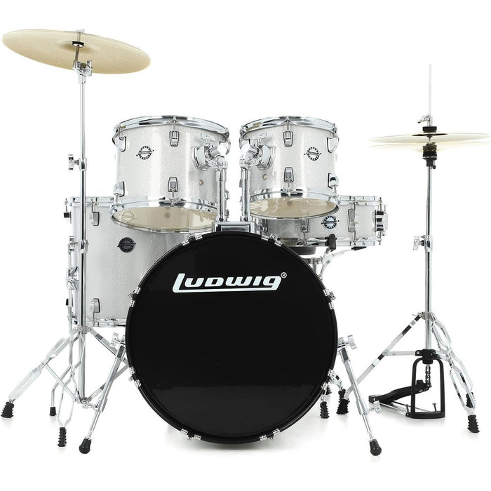 Ludwig Accent 5-piece Complete Drum Set with 20 inch Bass Drum and Wuhan Cymbals - Silver Sparkle