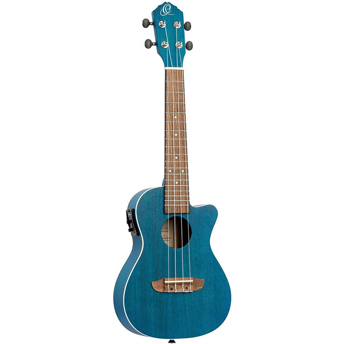 Ortega Guitars, 4-String Earth Series Concert Acoustic/Electric Ukulele, Right, Transparent Ocean Blue, (RUOCEAN-CE)