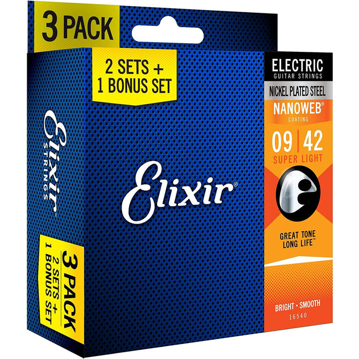 Elixir Strings 16540 Electric Guitar Strings with NANOWEB Coating, 3 Pack, Super Light (.009-.042)