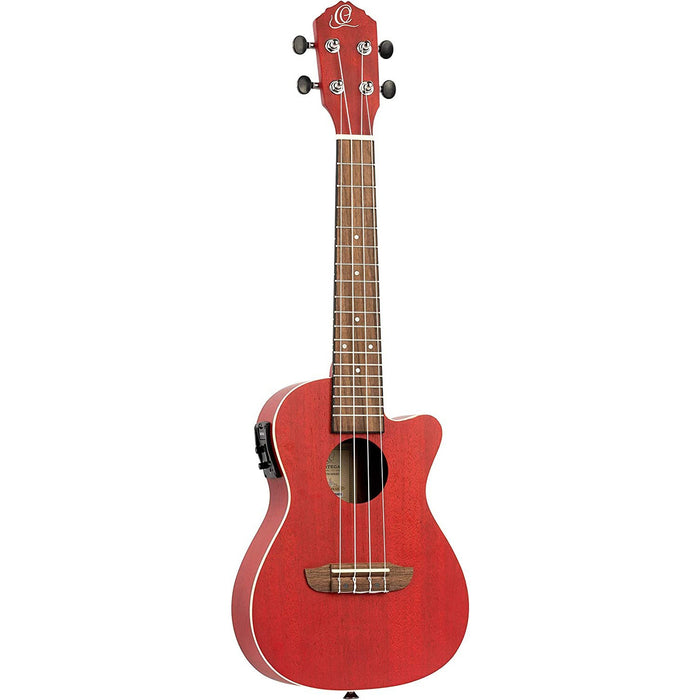 Ortega Guitars, 4-String Earth Series Concert Acoustic/Electric Ukulele, Right, Transparent Fire Red, (RUFIRE-CE)