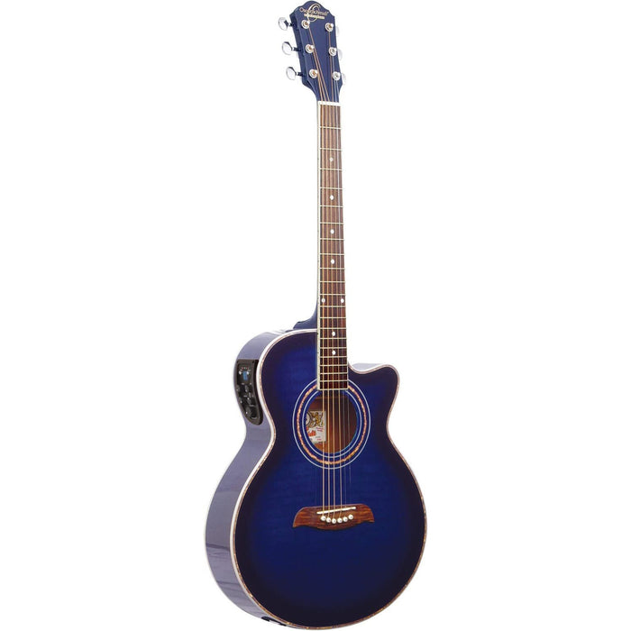 Oscar Schmidt 6 String Cutaway Acoustic-Electric Guitar, Flame Transparent Purple (OG10CEFTBL-A-U)