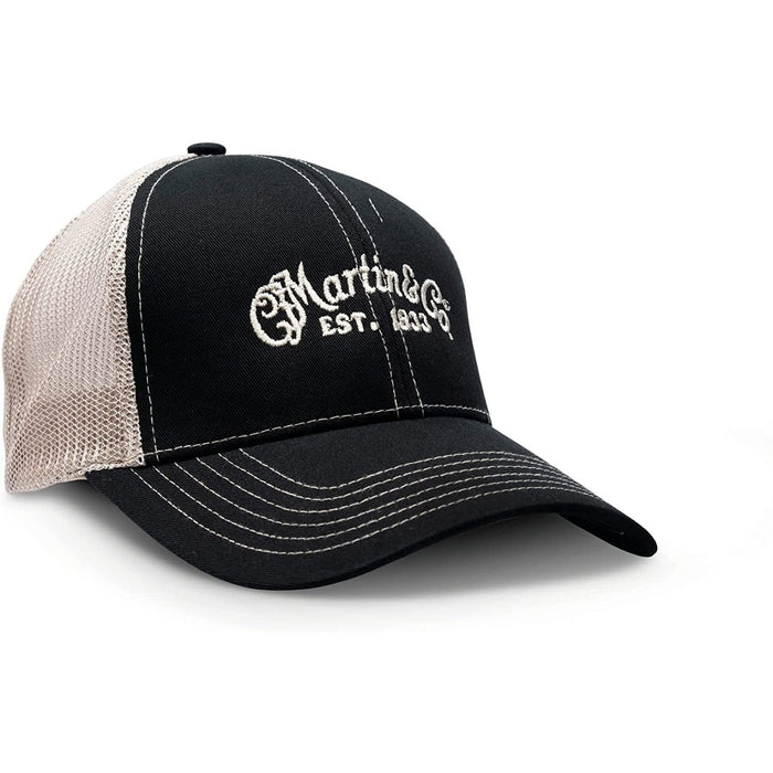 Martin Guitar Trucker Hat with Tan Mesh Back, Black Adjustable Unisex Hat for Men and Women