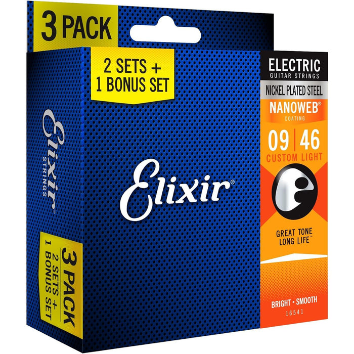 Elixir Strings 16541 Nickel Plated Steel Electric Guitar Strings with Nanoweb Coating, Set of 3 Pieces