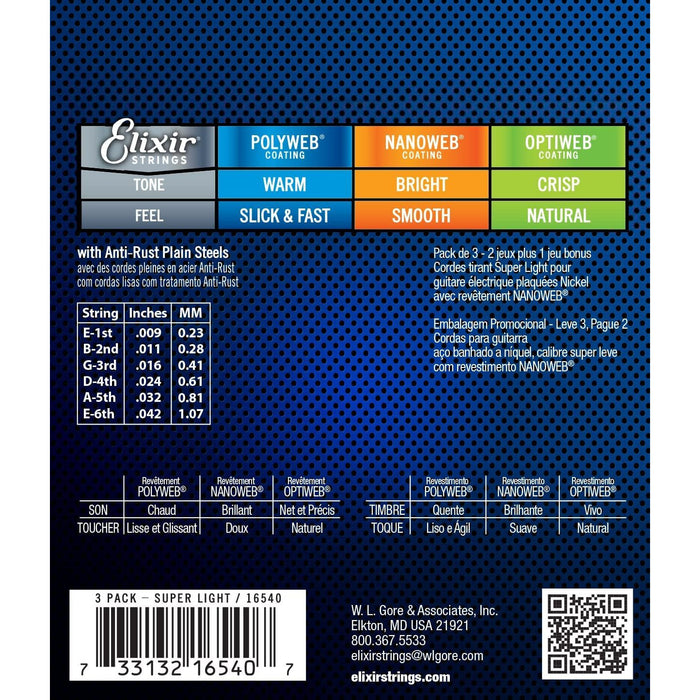 Elixir Strings 16540 Electric Guitar Strings with NANOWEB Coating, 3 Pack, Super Light (.009-.042)