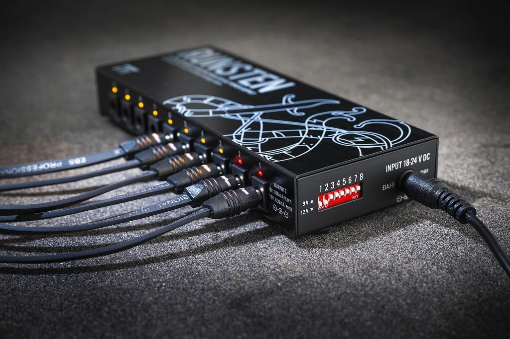 EBS Runsten Isolated Pedalboard Power Supply - 10 DC Outputs up to 900mA, Switchable 9V/12V, 2 USB Ports, Ultra-Low Noise, Universal 100-240V, Compact 310g