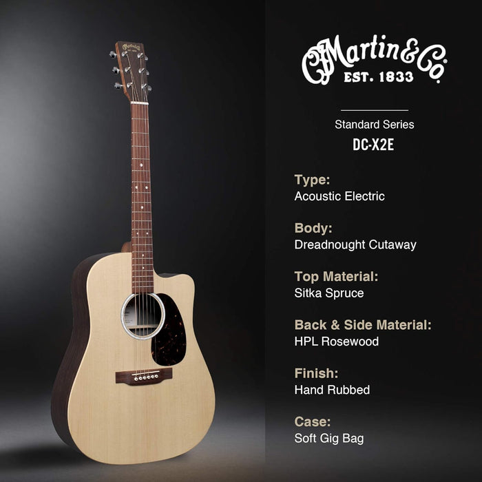 Martin Guitar X Series DC-X2E Acoustic-Electric Guitar with Gig Bag, Sitka Spruce and KOA Pattern High-Pressure Laminate, D-14 Fret, Performing Artist Neck Shape