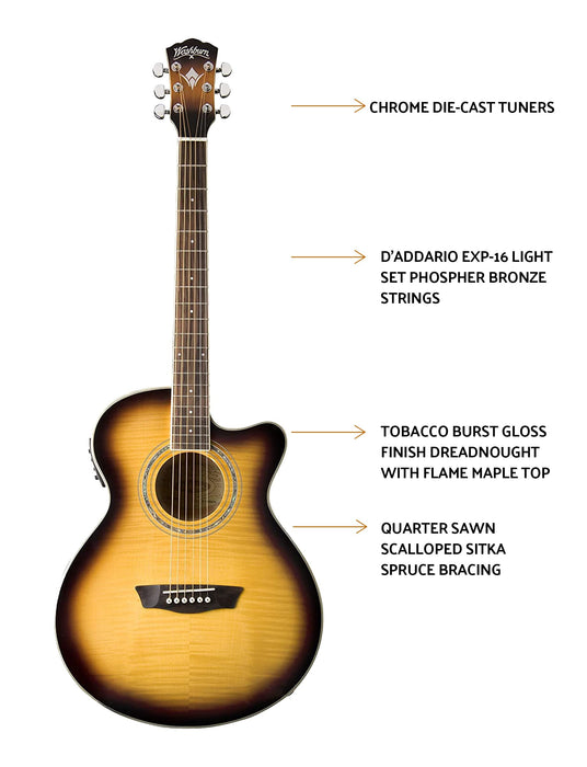 Washburn Festival Series Mini Jumbo Cutaway Acoustic Electric Guitar, Tobacco Burst (EA15ATB-A-U)