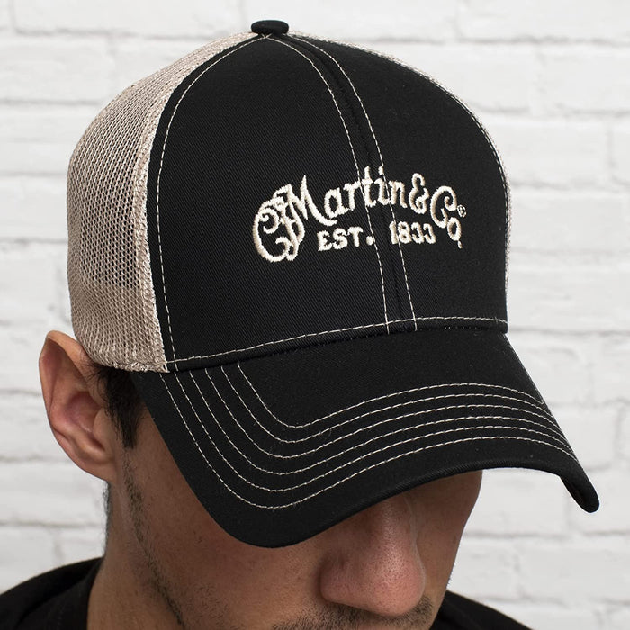 Martin Guitar Trucker Hat with Tan Mesh Back, Black Adjustable Unisex Hat for Men and Women