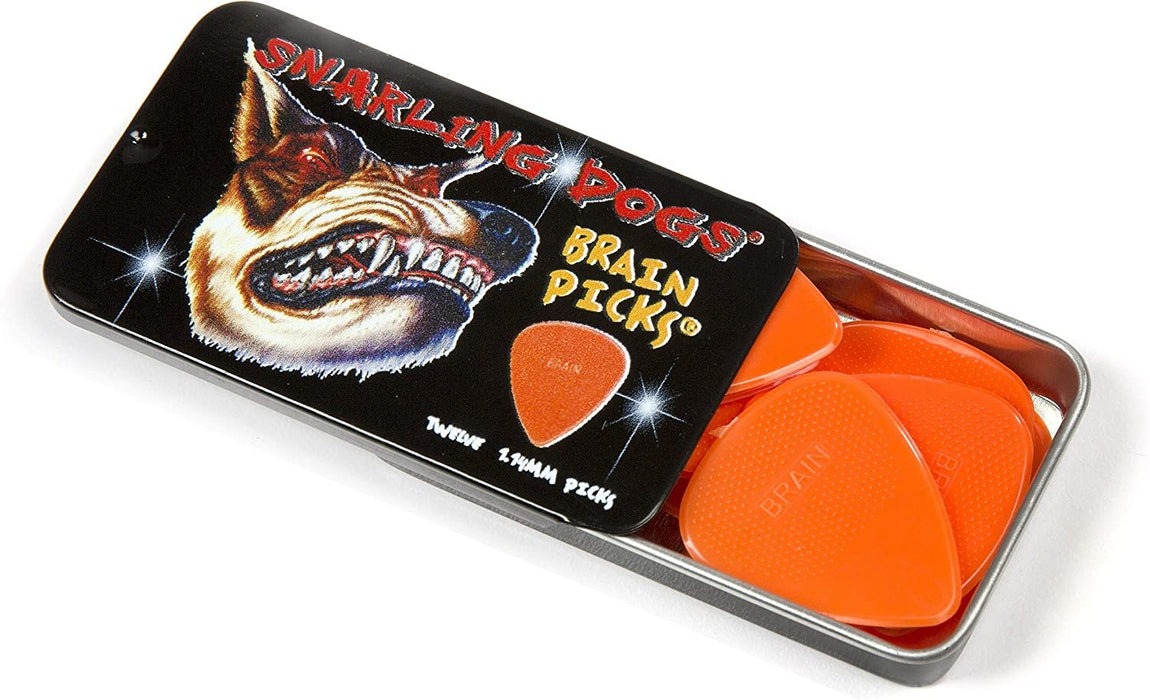 Snarling Dogs Brain TNSDB351 1.14 Guitar Picks, 12-Piece, Collectible Tin, Orange Nylon, 0 1.14mm