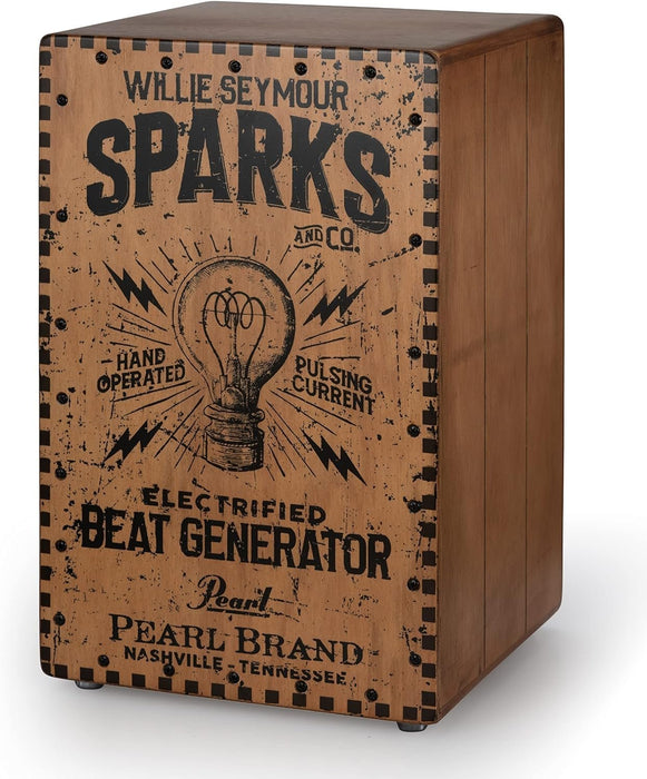 Pearl Electronic Cajon with Plywood Body and Meranti Faceplate, Piezo Trigger and 1/4" Jack, 2 Sets of Fixed Snares, Willie Seymour Sparks Graphic Finish (PBEC210)