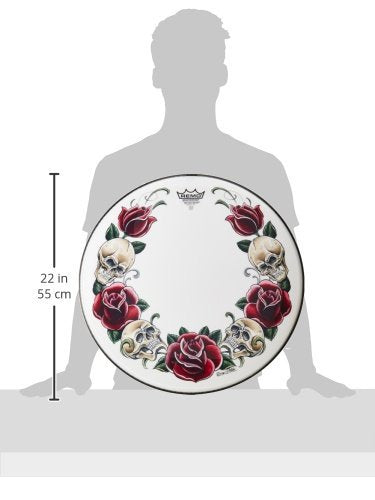 REMO Bass, POWERSTROKE®, 22", Tattoo Rock & Roses On White' Graphic, Packaged
