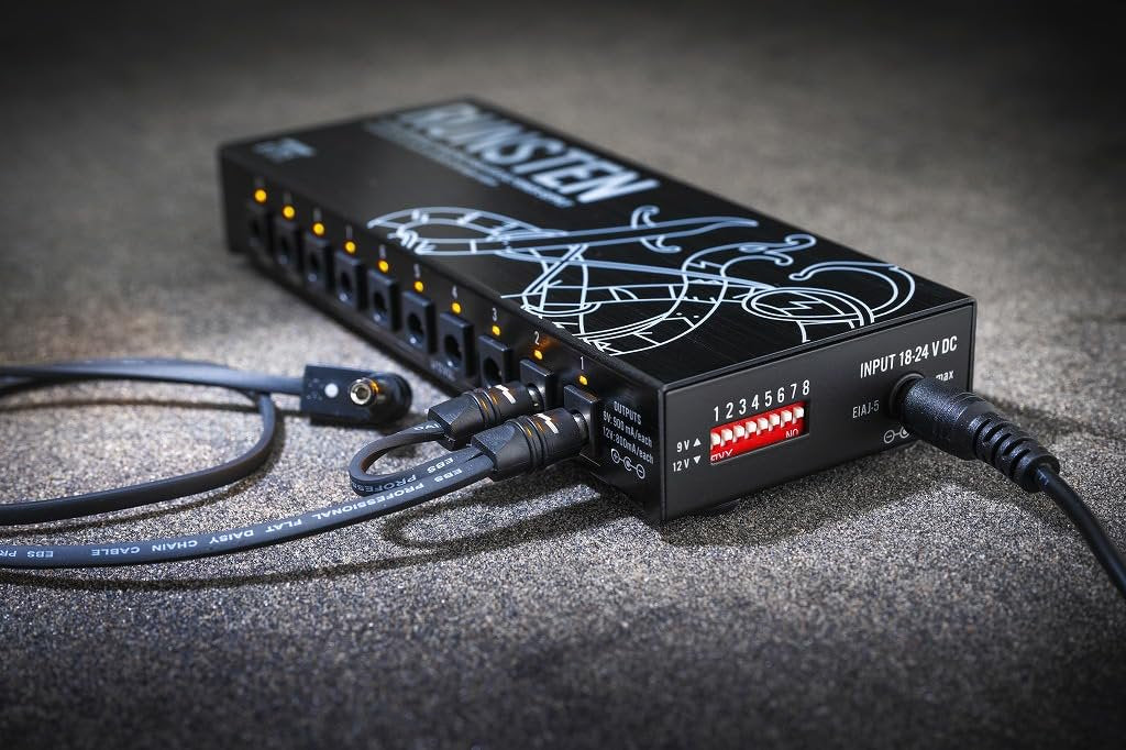 EBS Runsten Isolated Pedalboard Power Supply - 10 DC Outputs up to 900mA, Switchable 9V/12V, 2 USB Ports, Ultra-Low Noise, Universal 100-240V, Compact 310g