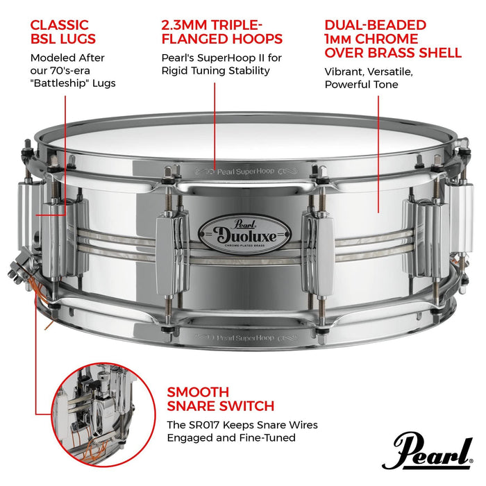 Pearl DuoLuxe 14"x5" Chrome-over-Brass Inlaid Snare Drum (DUX1450BR405) with twin Nicotine White Marine Pearl finish Inlays and Classic BSL Lugs.