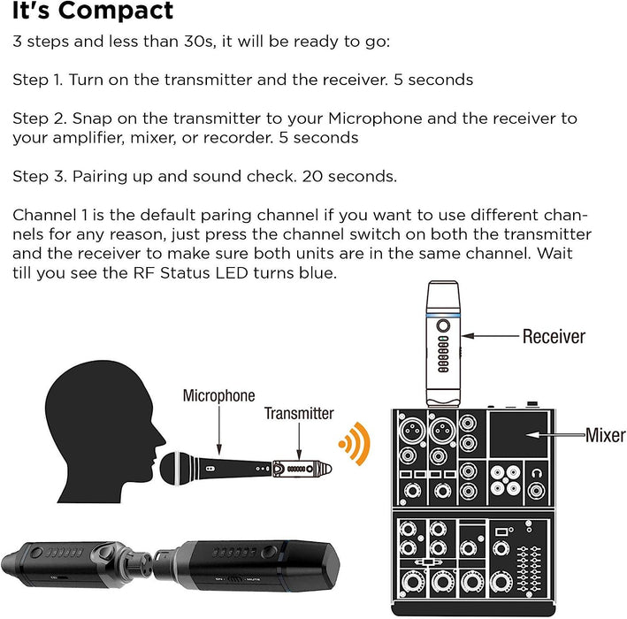 NUX B-3 Wireless Microphone System Small Compact Transmitter Snap-On Microphone Small Compact Receiver Snap-On Camera/PA Such as Mixer/Amp/Audio Interface 100 Feet Walk Rechargeable Battery 2.4GHz