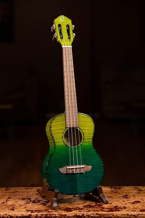 Ortega Guitars, 4-String Prism Series Slotted Headstock Tenor Ukulele w/Bag, Right, Ivy Fade (RUPR