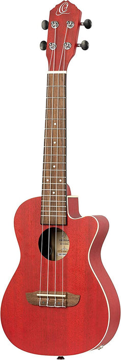 Ortega Guitars, 4-String Earth Series Concert Acoustic/Electric Ukulele, Right, Transparent Fire Red, (RUFIRE-CE)