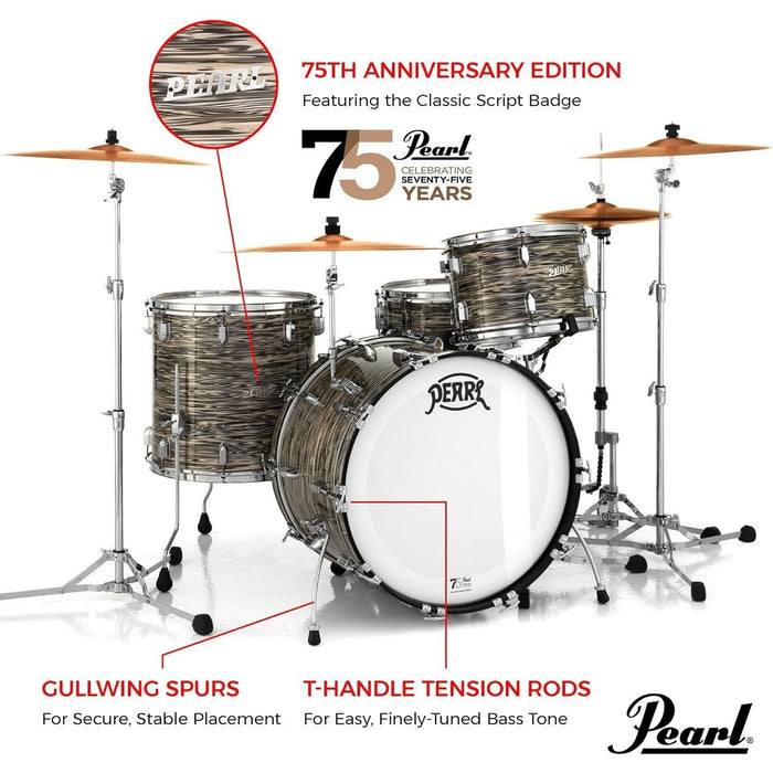 Pearl President Series Deluxe 3-piece 75th Anniversary Edition Shell Pack in Ocean Ripple (#767) covered finish featuring 22"x14" Bass Drum w/Cymbal Holder, 13"x9" Tom, and 16"x16" Floor Tom