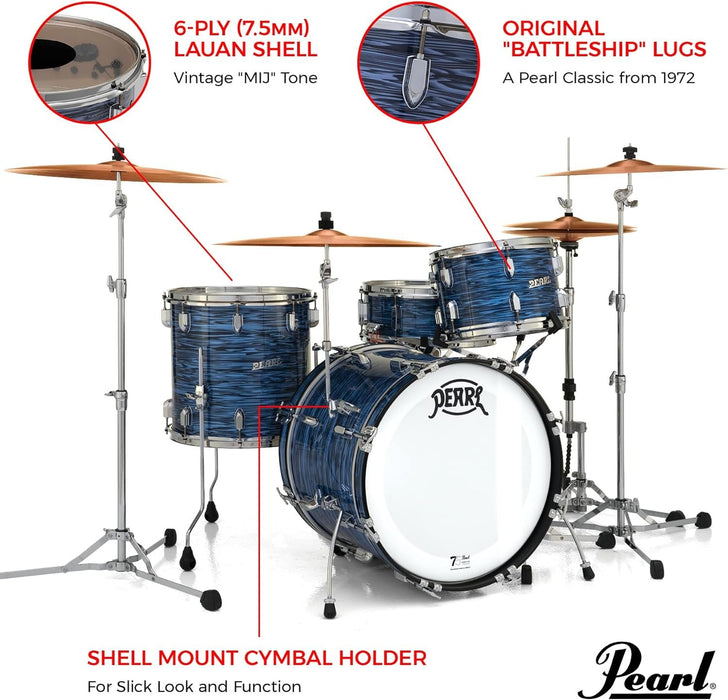 Pearl President Series Deluxe 3-piece 75th Anniversary Edition Shell Pack in Ocean Ripple (#767) covered finish featuring 22"x14" Bass Drum w/Cymbal Holder, 13"x9" Tom, and 16"x16" Floor Tom