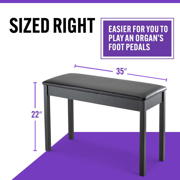 OnStage Organ Bench - 35″ Wide Piano Stool - Ergonomic Pedal Keyboard Seat, Leatherette Cushion, Solid-Wood Legs and Frame, 330LB Weight Capacity, Nonslip Rubber Feet, Instrument Accessories, Black