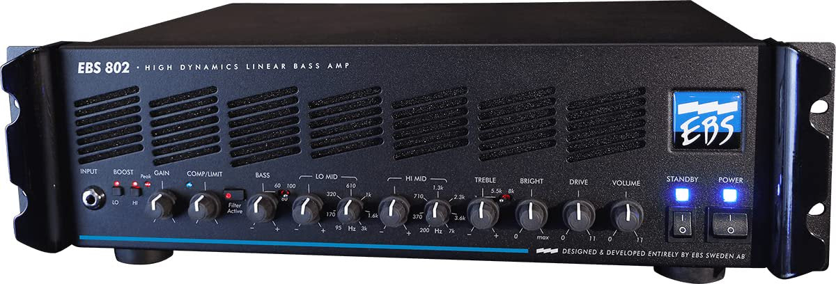 EBS 802 Professional Bass Amplifier Head - 750W RMS at 2 Ohms, 100% Analog High Dynamics Linear Design, 5-Band EQ, Dual XLR Outputs, Rack Mount, Made in Sweden