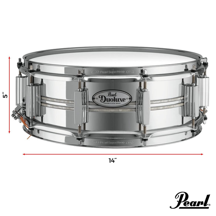 Pearl DuoLuxe 14"x5" Chrome-over-Brass Inlaid Snare Drum (DUX1450BR405) with twin Nicotine White Marine Pearl finish Inlays and Classic BSL Lugs.